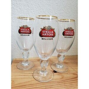 3x Stella Artois Beer Glasses Belgium 33CL Stemmed Gold Rim Logo Set Lot NEW